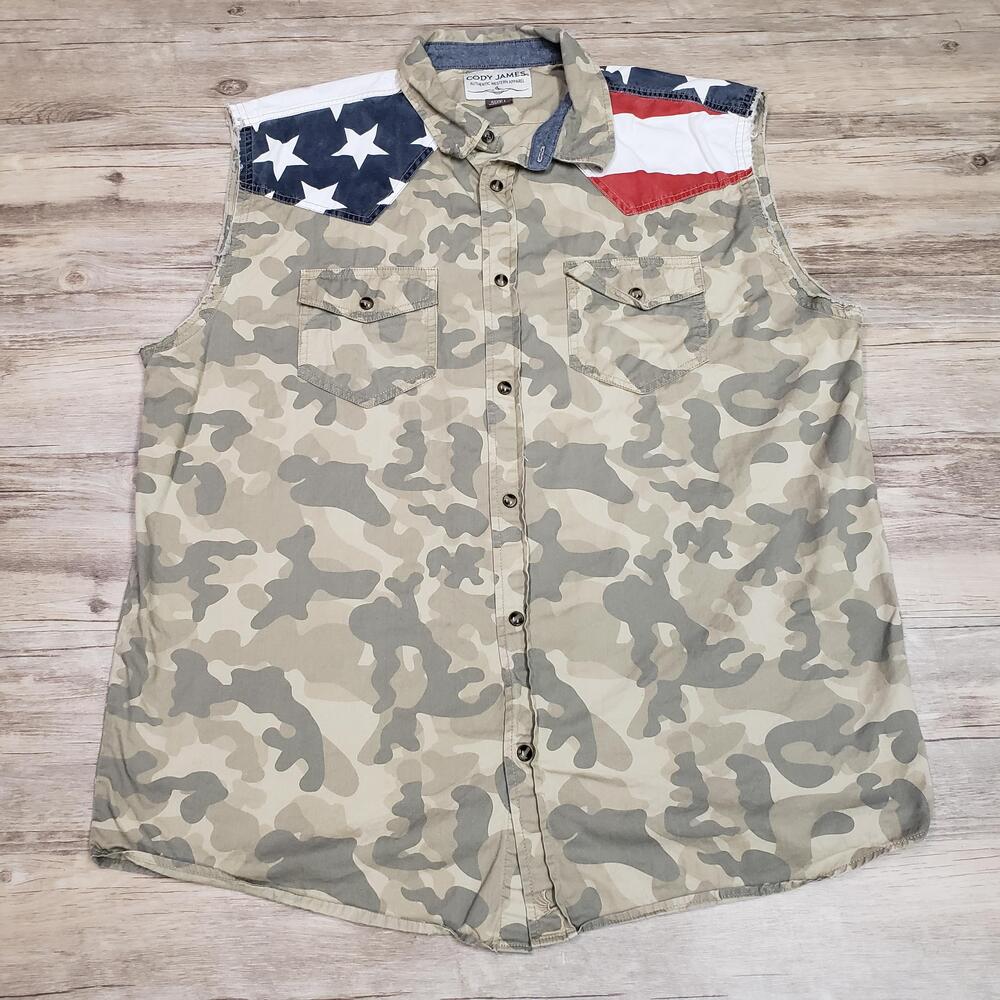 Cody James Shirt Mens L Camo Sleeveless American Flag Button Up Western Casual